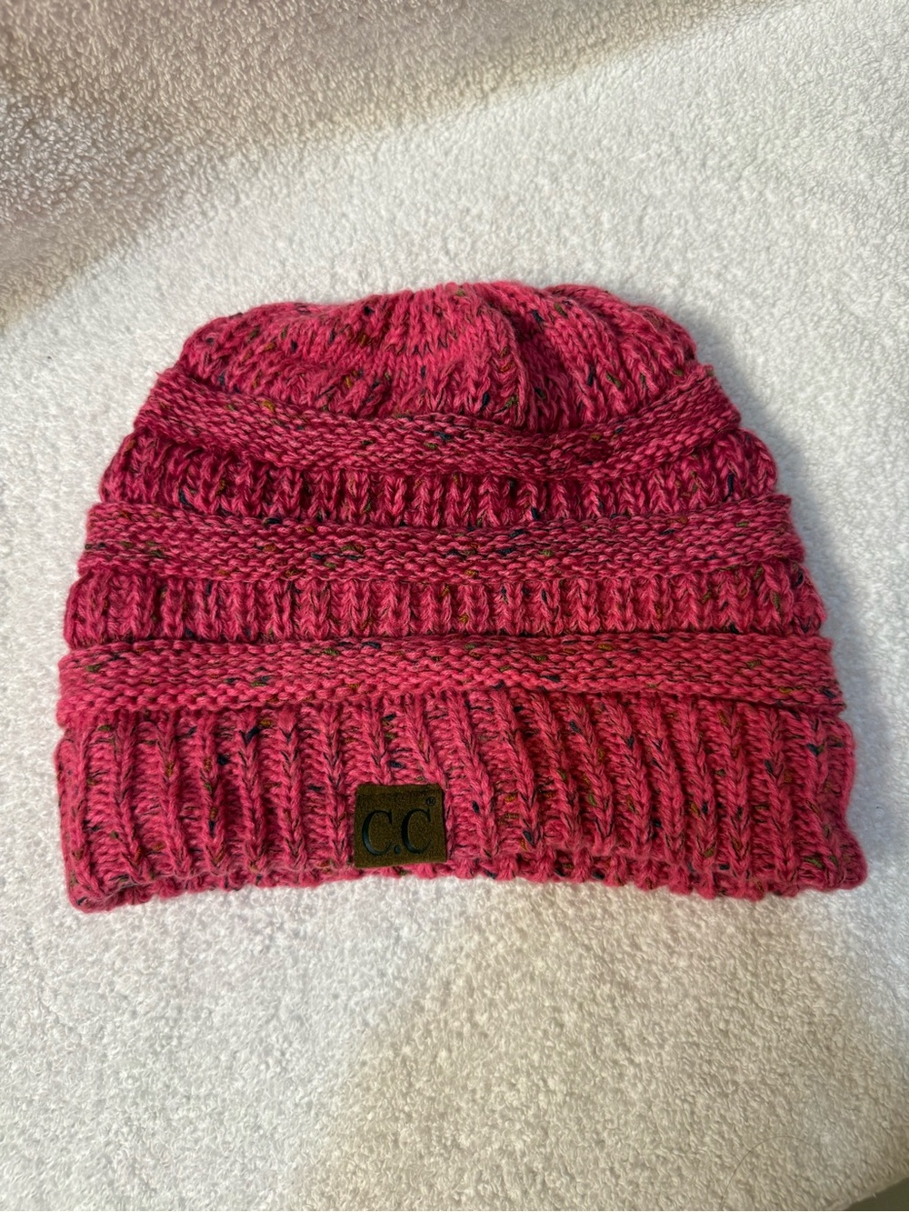 CC Knit Beanie with Ponytail Hole - Pink
